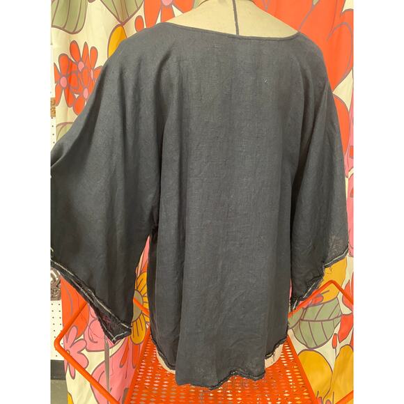 black linen southwestern blouse with serape eagle bell sleeve top raw hem med - Picture 8 of 8